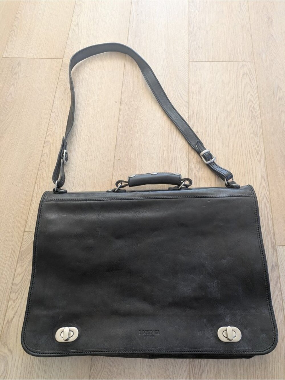 i Medici Firenze Vintage Italian Black Leather Briefcase Messenger Shoulder Bag